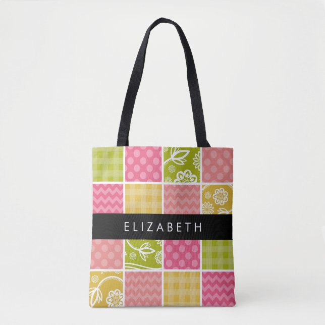 Tote Bag Zigzag, Chevron, Pois, En vichy, Votre Nom (Devant)