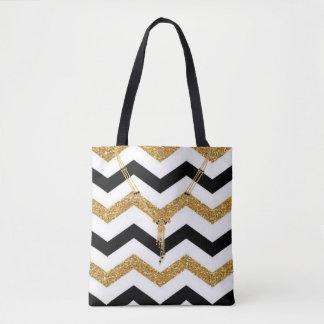 Tote Bag Zigzag doré, blanc et noir avec collier