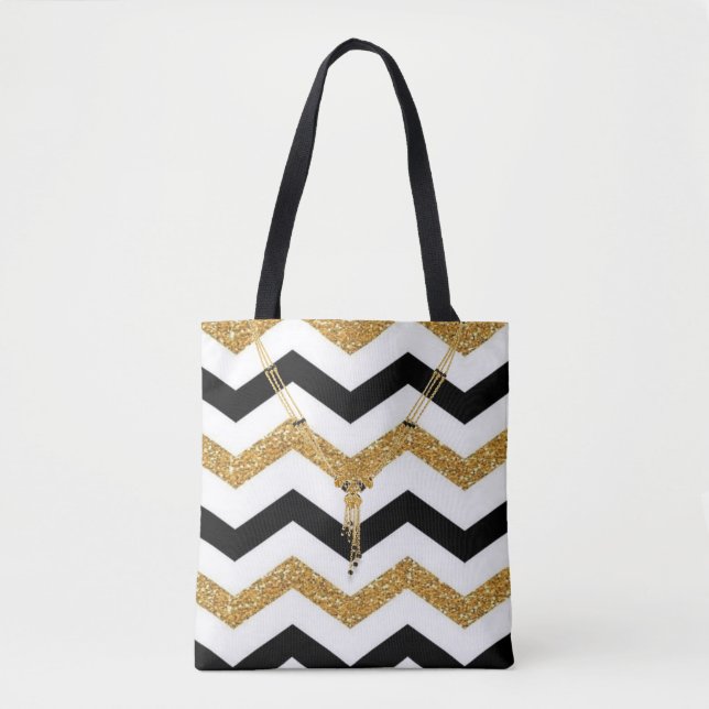 Tote Bag Zigzag doré, blanc et noir avec collier (Devant)