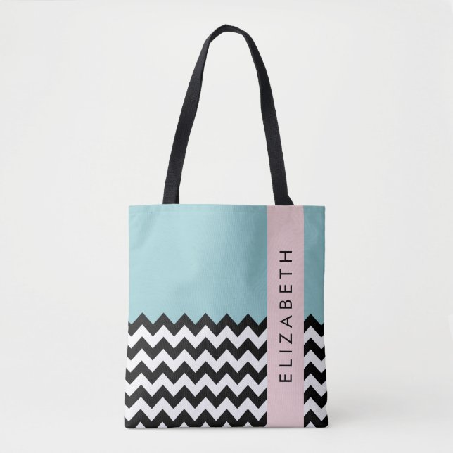 Tote Bag Zigzag noir et blanc, Chevron, Bleu, Votre nom (Devant)
