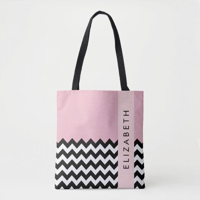 Tote Bag Zigzag noir et blanc, Chevron, rose, Votre nom (Devant)