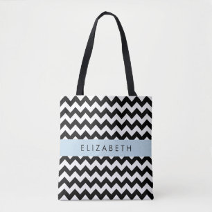 Tote Bag Zigzag noir et blanc, Motif Chevron, Votre nom