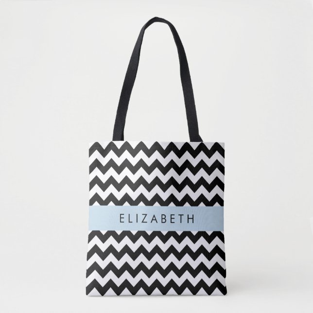 Tote Bag Zigzag noir et blanc, Motif Chevron, Votre nom (Devant)