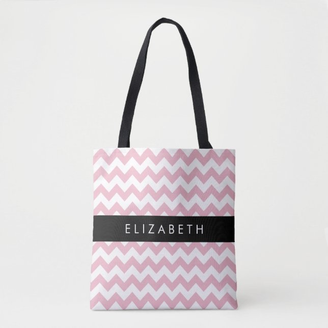 Tote Bag Zigzag Rose, Chevron Rose, Motif Vague, Votre Nom (Devant)