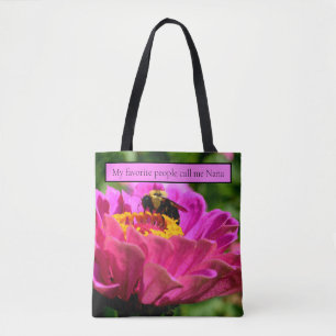 Tote Bag Zinnia rose avec bourdon, fleurs roses, abeille mi