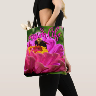 Tote Bag Zinnia rose avec bourdon, fleurs roses, abeille mi