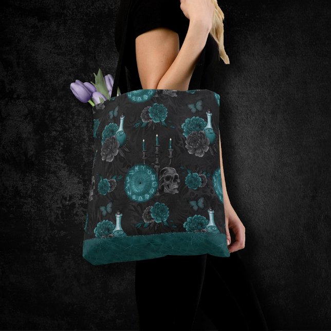 Tote Bag Zodiac Magie | Turquoise foncé vert crâne gothique (Créateur téléchargé)
