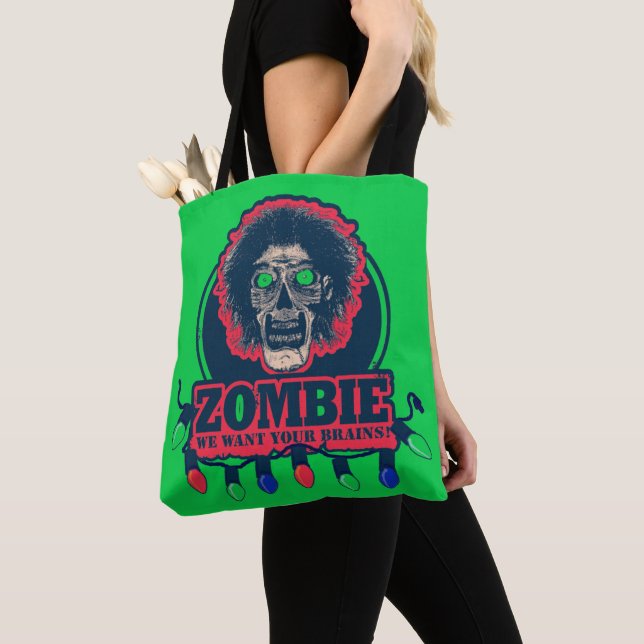 Tote Bag Zombie - Nous voulons vos cerveaux - Vert & Rouge (De près)