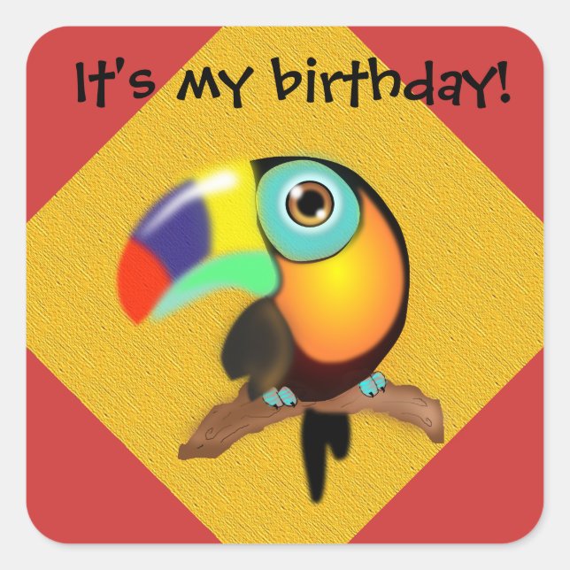 Toucan coloré sur Sticker d'anniversaire rouge et  (Devant)