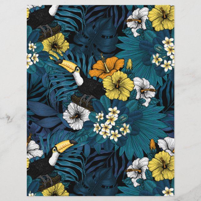 Toucans et flore tropicale, bleu, jaune, orange (Devant)