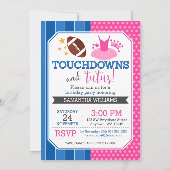 Touchdowns et Tutus Pink Blue Invitation d'anniver (Devant)