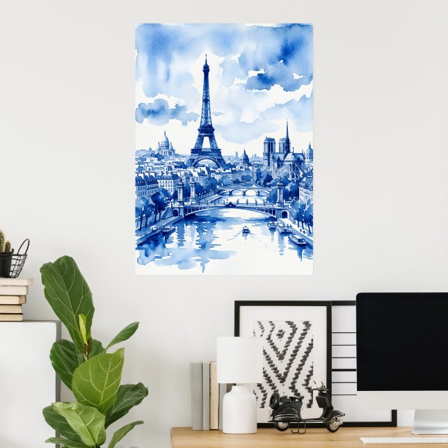 Tour Eiffel de Paris Affiche Aquarelle Bleue | Fra (Bureau à domicile)