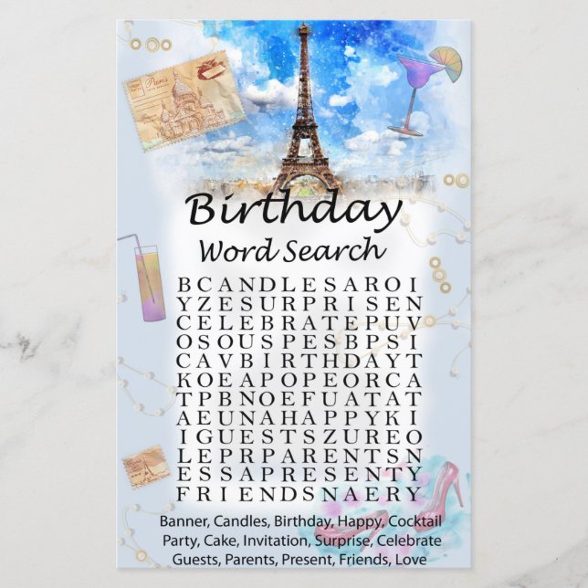 Tour Eiffel Jeu de recherche par mot d'anniversair (Devant)
