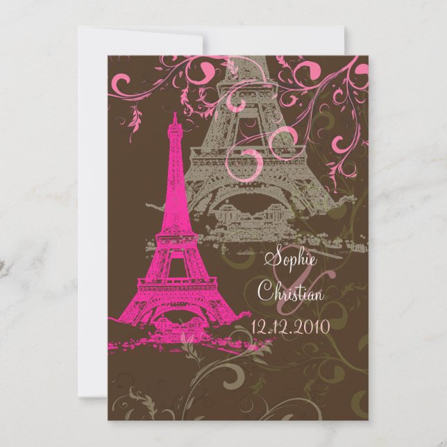 Tour Eiffel/mariage rose/chocolat Invitations (Devant)