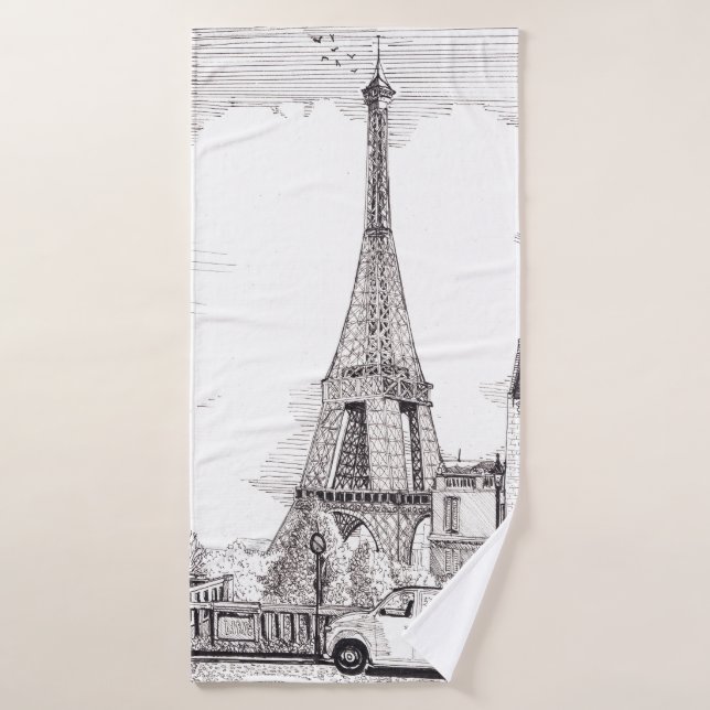 Tour Eiffel Paris France Illustration en encre de  (Serviette de bain)