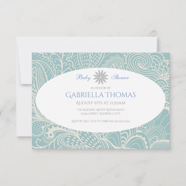 Tourbillons Bleu/gris - Invitation Baby Shower 3x5 (Devant)