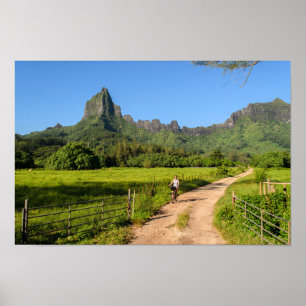 Tourist cycling on tropical Moorea poster
