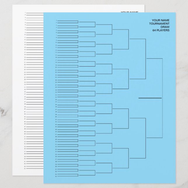 Tournament draw template paper sheet for 64 player (Devant / Derrière)