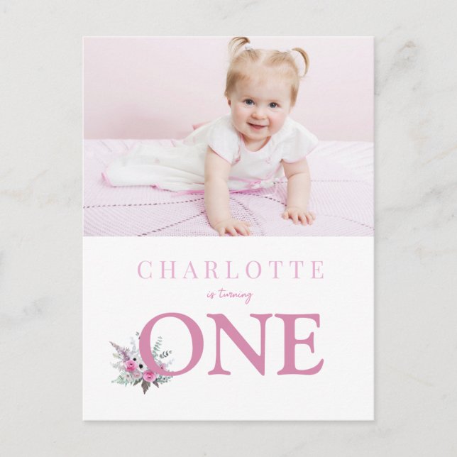 Tourner une invitation à 1er anniversaire fleurie (Devant)