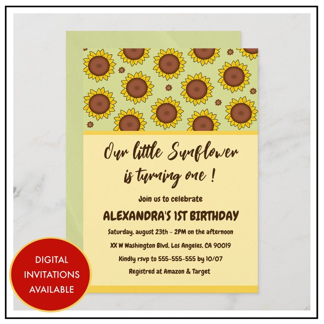 Tournesol 1er anniversaire invitations mignonne mo (sunflower-1st-birthday-invitations-cute-modern-1)