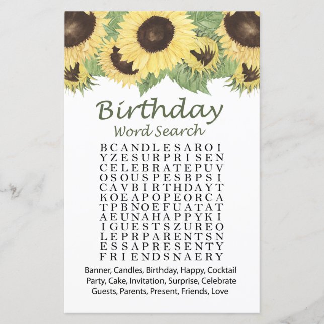 tournesol Anniversaire mot recherche jeu (Devant)