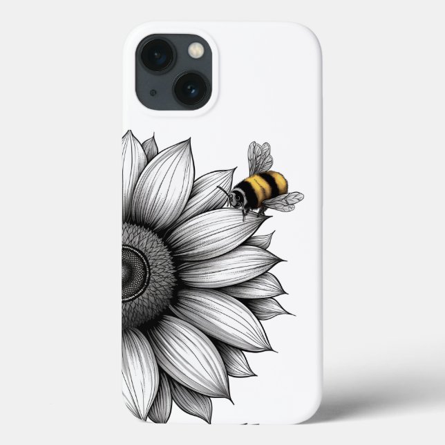 Tournesol avec Bee Noir et Blanc iphone 13 Coque (Verso)