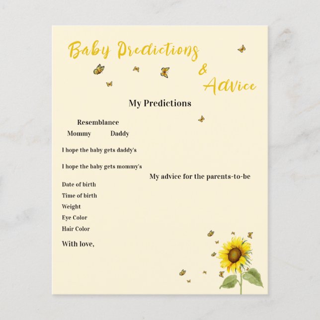 Tournesol avec Papillons Baby shower Jeu Flyer (Devant)