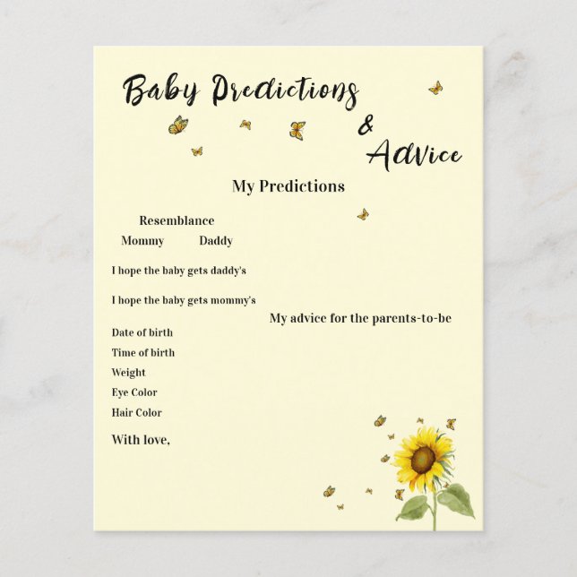 Tournesol avec Papillons Baby shower Jeu Flyer (Devant)