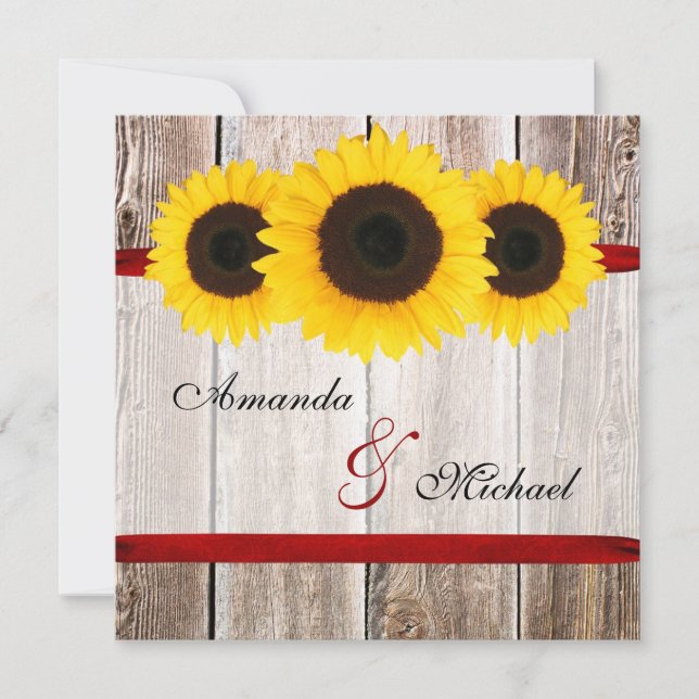 Tournesol Barn Bois Ruban rouge Invitations de mar (Devant)