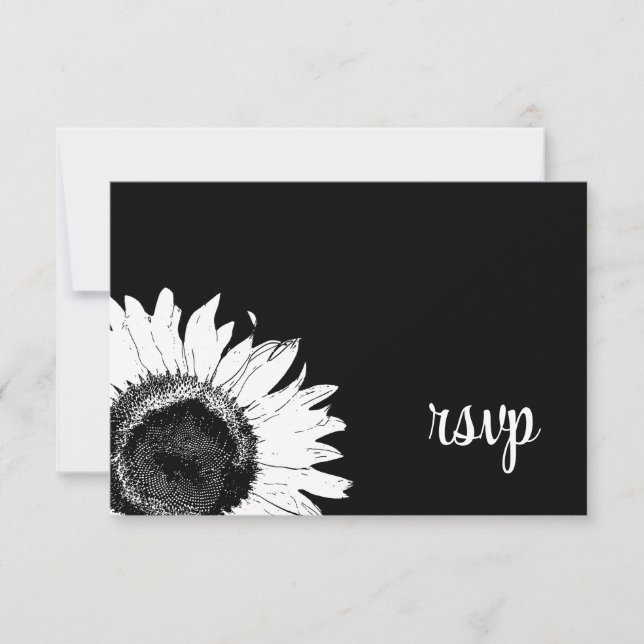 Tournesol blanc sur carte RSVP de mariage noir (Devant)