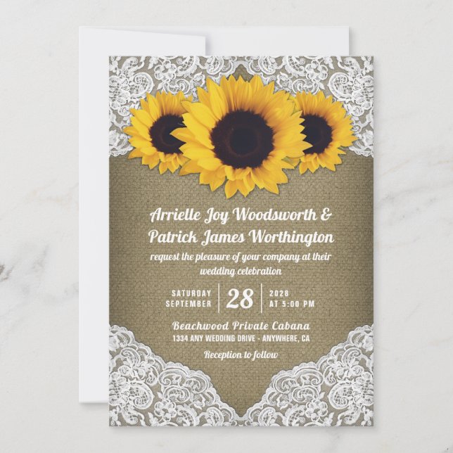 Tournesol Burlap et mariage de dentelle Invitation (Devant)