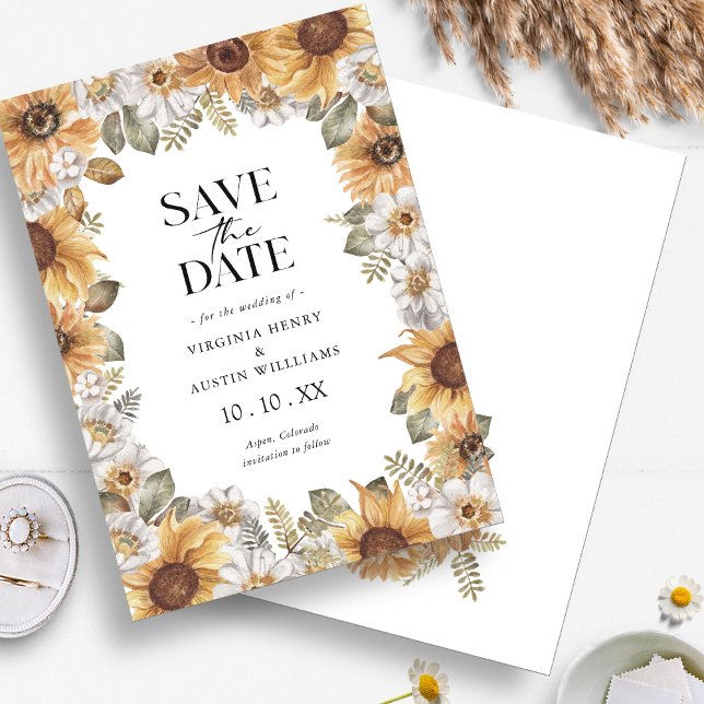Tournesol Carte de Pré-annonce (Boho Watercolor Sunflower Floral Save The Date Announcement by Painted Paperie
)