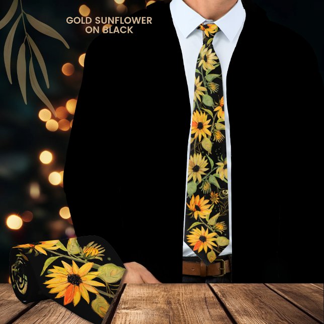 Tournesol d'aquarelle dorée sur Cravate noir (Golden Watercolor Sunflower on Black Neck Tie)