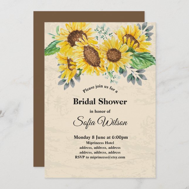tournesol, douche à nuptiale florale, invitation (Devant / Derrière)