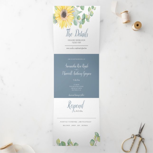 Tournesol et Eucalyptus Triplé Mariage Invitation (Intérieur)