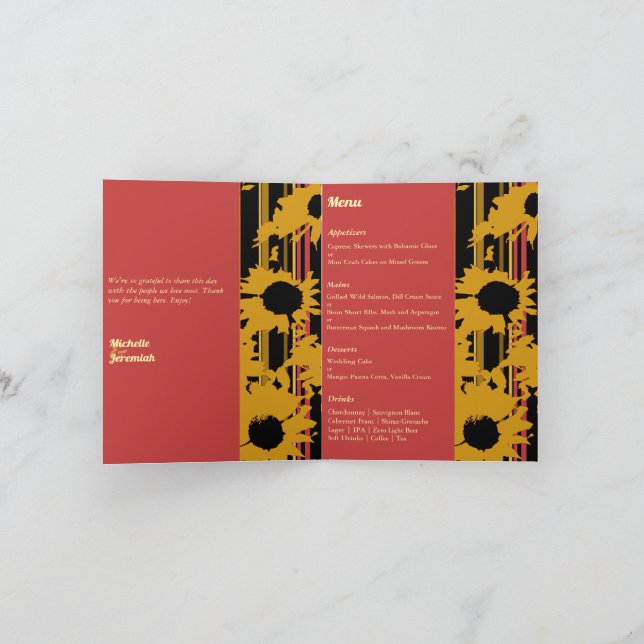 Tournesol Été Or Rouge Menu de Mariage Photo (Intérieur)