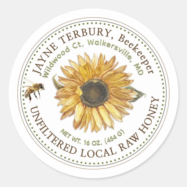 Tournesol Étiquette miel avec abeille (Devant)