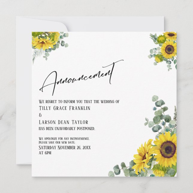 Tournesol Eucalyptus Date reportée Faire-part (Devant)