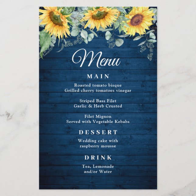 Tournesol Eucalyptus Rustic Blue Wood Menu Mariage (Devant)