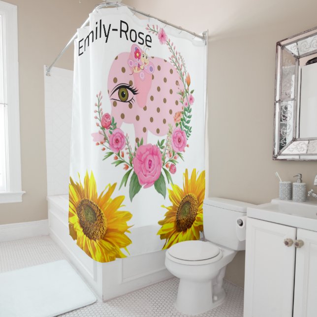 Tournesol Floral rose Elephant rideau de douche (En situation)