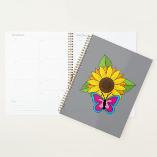 Tournesol jaune et papillon bleu rose