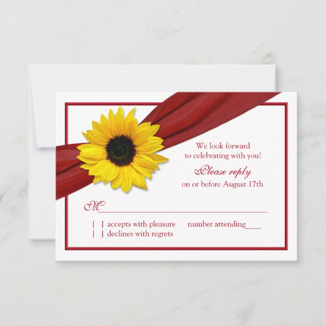 Tournesol Jaune Ruban Rouge Foncé Réponse Mariage (Devant)