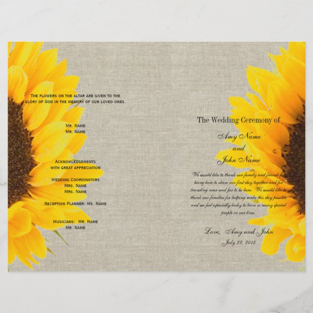 Tournesol Linen Rustique | Programme de mariage (Devant)
