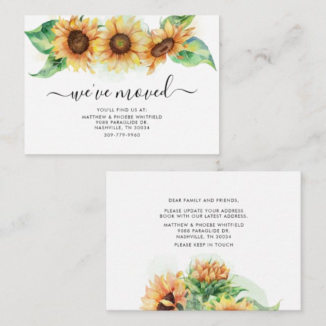 Tournesol Nous avons déplacé le Faire-part Floral (Devant / Derrière)