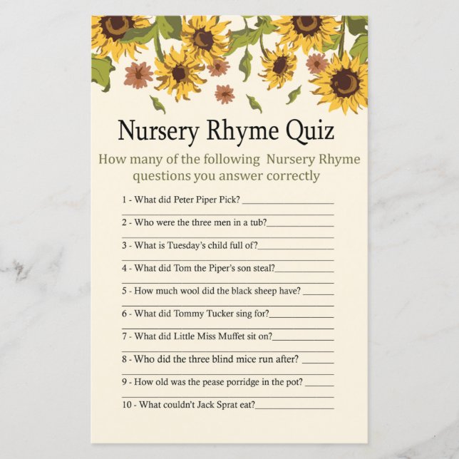 Tournesol Nursery Rhyme Quiz jeu de baby shower (Devant)