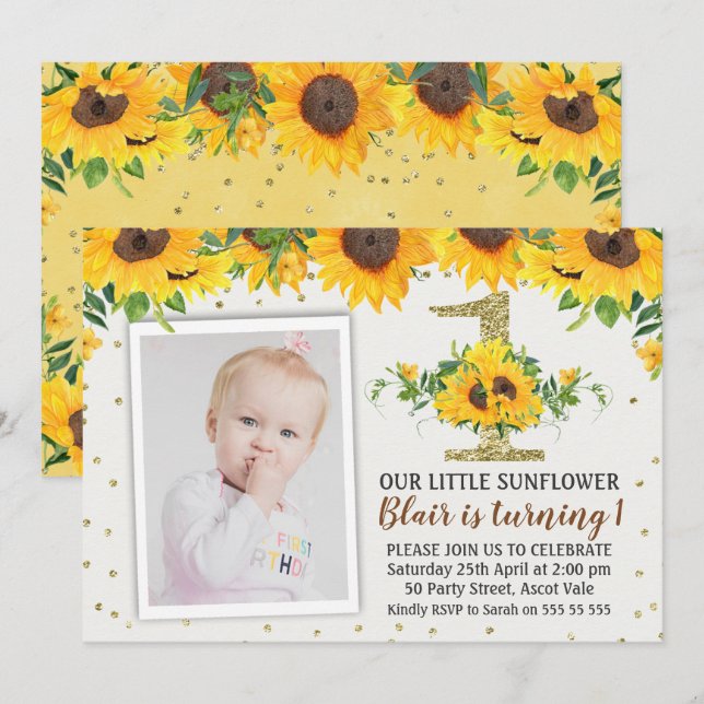 Tournesol photo premier anniversaire Invitation fi (Devant / Derrière)