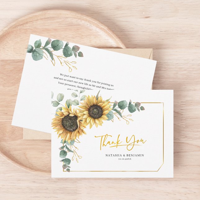 Tournesol Russe Eucalyptus Mariage Carte de remerc (Sunflower Floral Script Wedding Thank You Card)