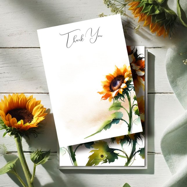 Tournesol rustique carte de remerciements (Sunflower wedding stationery features thank you card with watercolor floral design)
