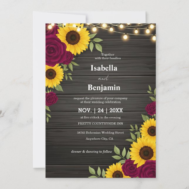 Tournesol rustique et Faire-part de mariage Rose (Devant)