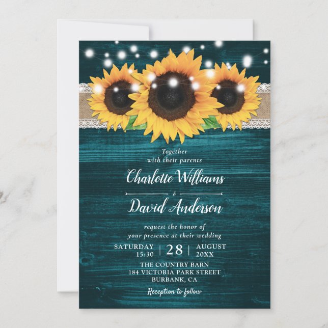 Tournesol rustique et invitations de mariage Turqu (Devant)